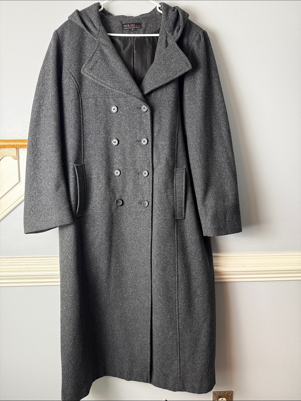 Vintage Jason Kole Charcoal Gray Double-Breasted Wool Blend Hooded Coat maxi